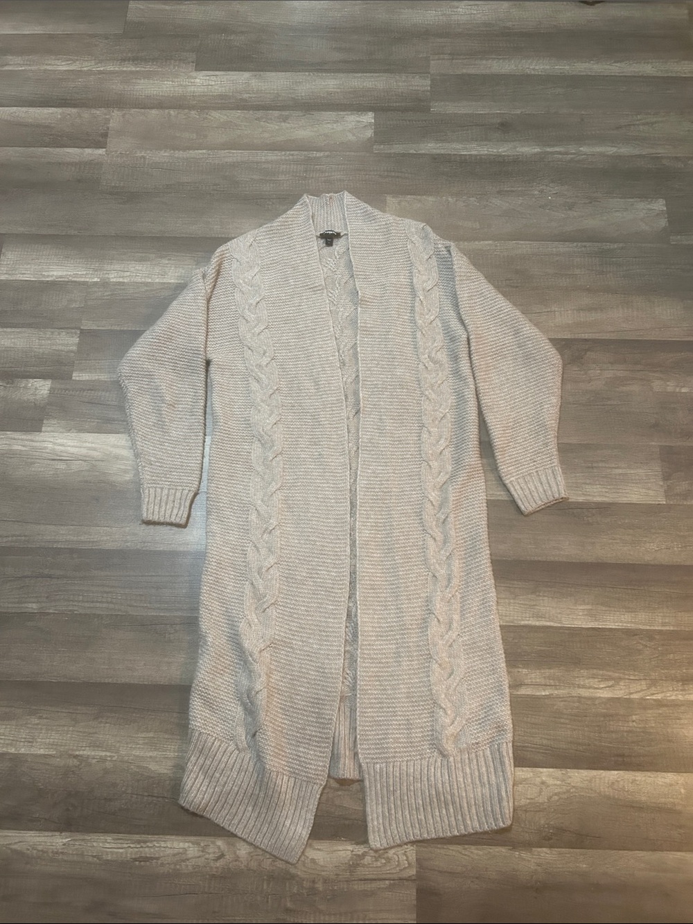 Express Women’s Cardigan Long Length Open Front Cable Knit Taupe Size Small